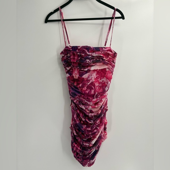 Revolve more to come marina ruched mesh floral pink mini dress size small - Picture 14 of 15